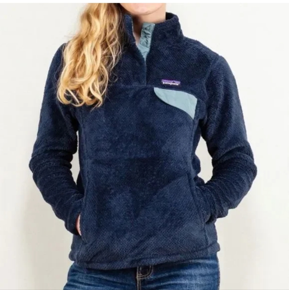 Patagonia Re-Tool Snap-T Deep Pile Fleece Pullover Navy Blue Light Trim Women’s